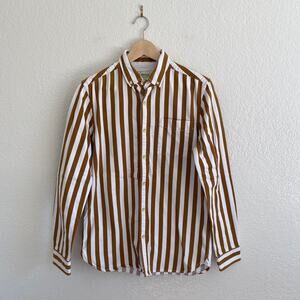 100% Organic Cotton Button Down Shirt Mustard Brown White Stripes Retro Style